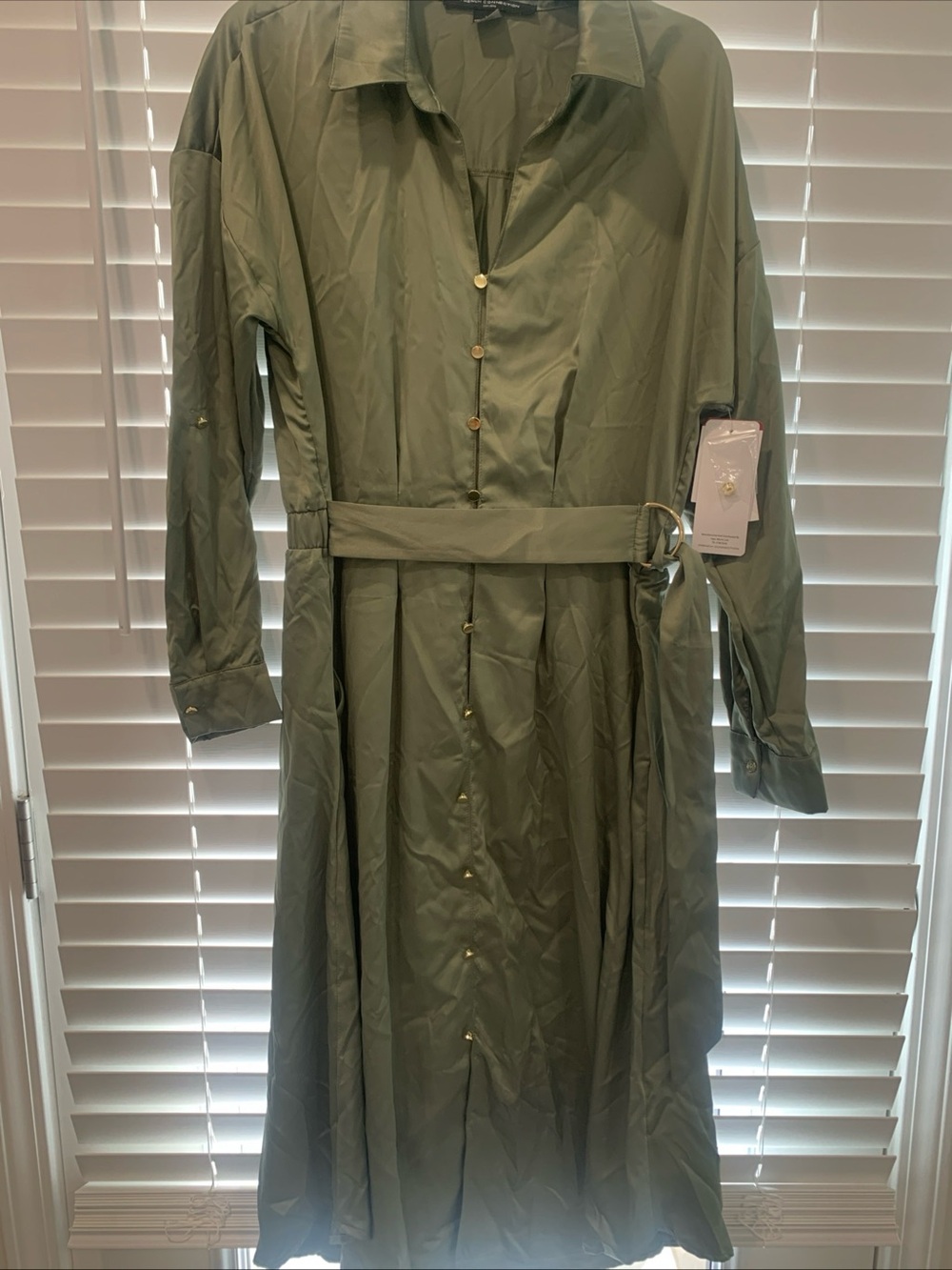 French Connection Olive Green Long-Sleeve Belted Shirt Dress NWT Sz XL